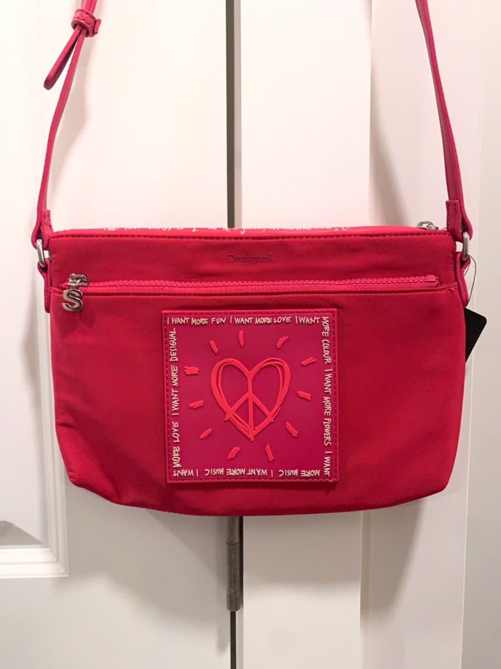 NWT- DESIGUAL . Hot Pink Crossbody Bag with Heart Peace Patch
